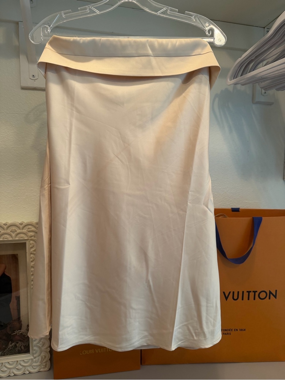 Francesca’s satin strapless mini dress